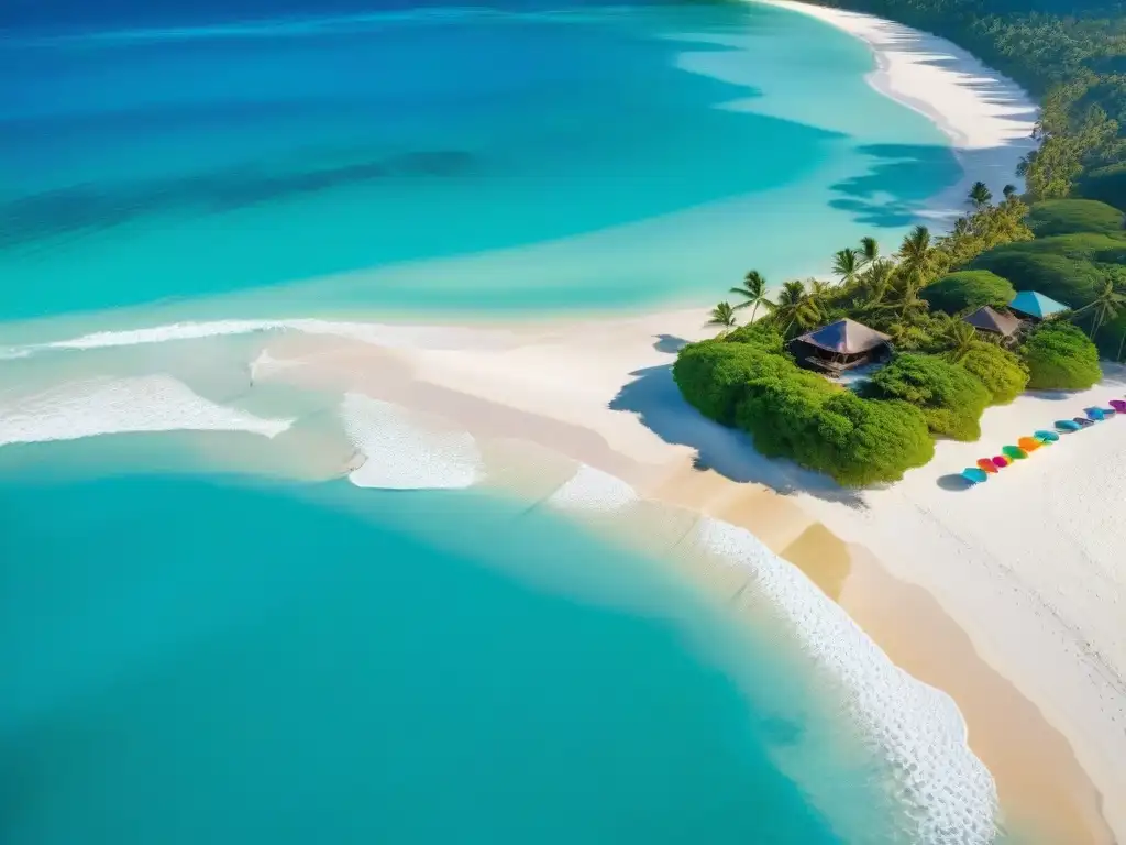 Paraíso costero: playa de aguas turquesa, arena blanca y palmeras Vista aérea impresionante de una playa paradisíaca con aguas turquesas cristalinas acariciando la arena blanca, palmeras y sombrillas