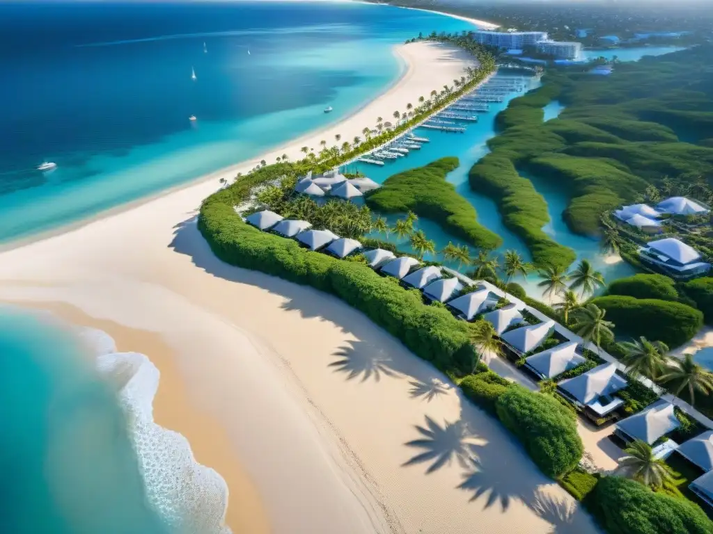 Paraíso costero: playa de ensueño con propiedades de lujo Vista aérea impresionante de playa de lujo con aguas cristalinas y propiedades frente al mar, ideal para financiamiento para propiedades costeras