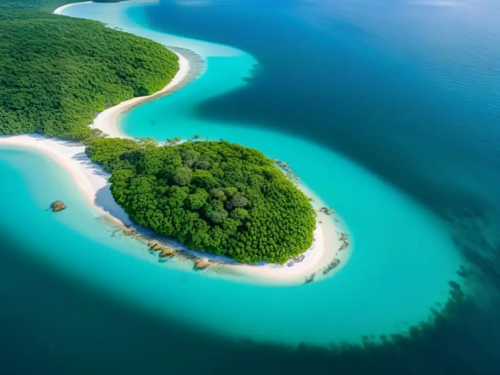 Propiedad costera sostenible: manglares verdes abrazan aguas cristalinas Vista aérea impresionante de propiedad costera con manglares verdes abrazando la costa y aguas turquesas cristalinas