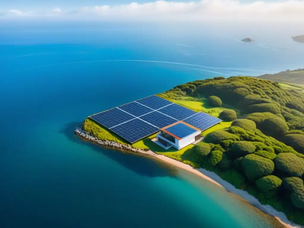 Solar panels en costa: energía renovable junto al mar Vista aérea impresionante de una propiedad costera con paneles solares en el techo, frente al vasto océano bajo un cielo azul claro