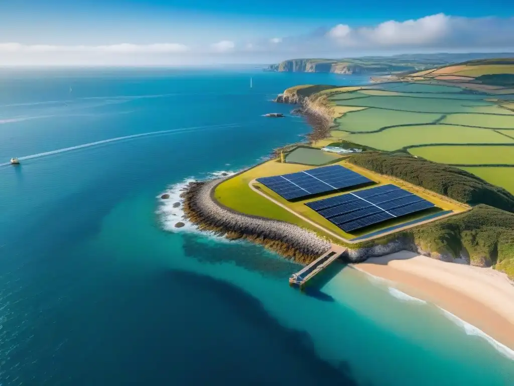 Propiedad costera eco-lujosa con energía renovable Vista aérea impresionante de una propiedad costera moderna con paneles solares y turbinas eólicas, integrando tecnología ecoamigable