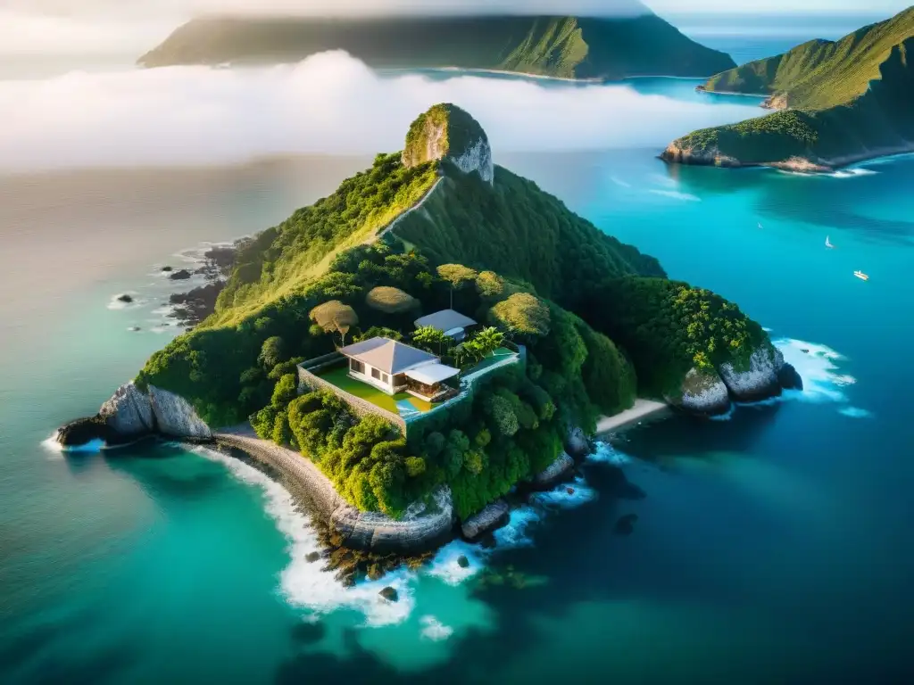 Arquitectura y naturaleza en armonía: vista aérea de propiedad costera Vista aérea impresionante de una propiedad costera con planificación espacial meticulosa y exuberante vegetación, edificaciones estratégicamente posicionadas y un sereno fondo marino, ilustrando la armonía perfecta entre arquitectura y naturaleza