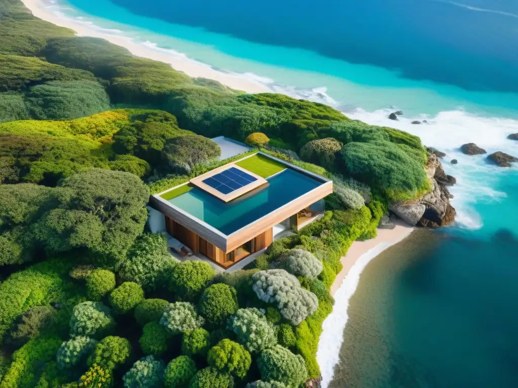 Jardín verde en la costa: lujo eco en propiedad playera Vista aérea impresionante de propiedad costera con jardín verde en el techo, resaltando los beneficios de techos verdes en propiedades costeras