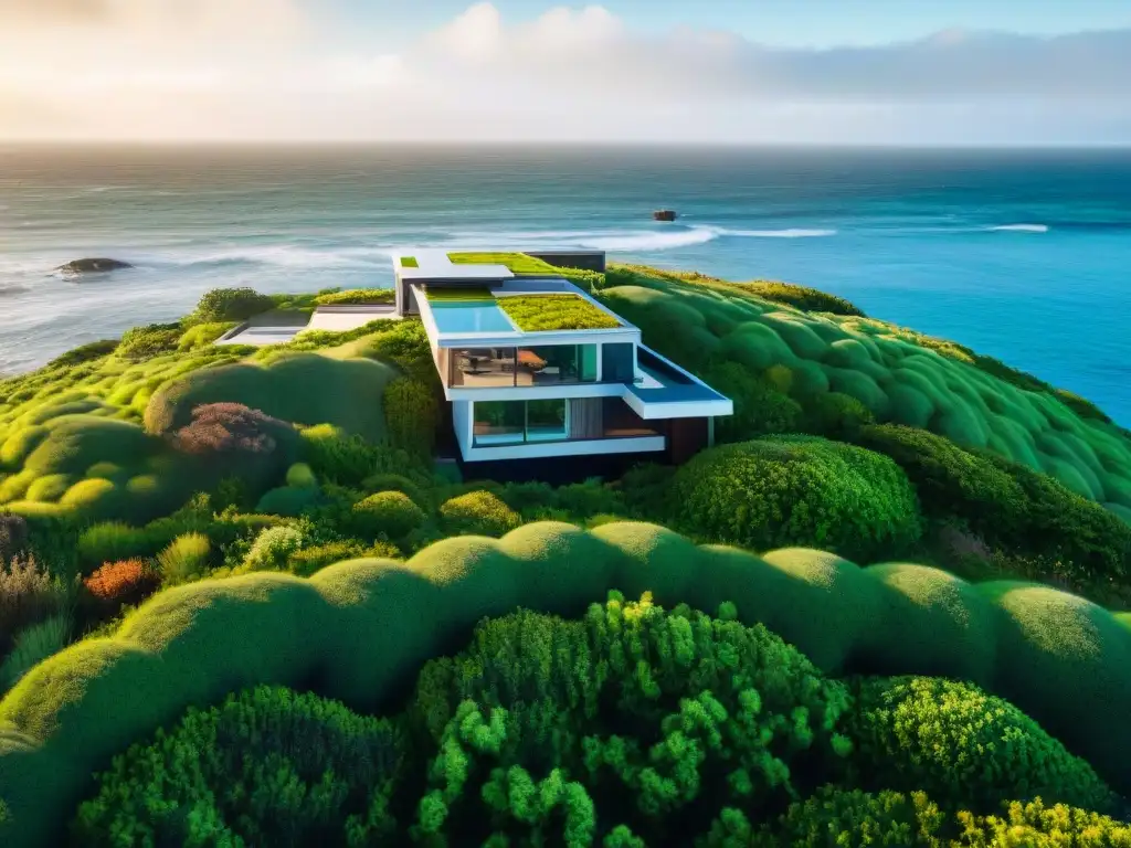 Propiedad costera: techo verde que embellece y protege Vista aérea impresionante de propiedad costera moderna con techo verde que se integra con el paisaje