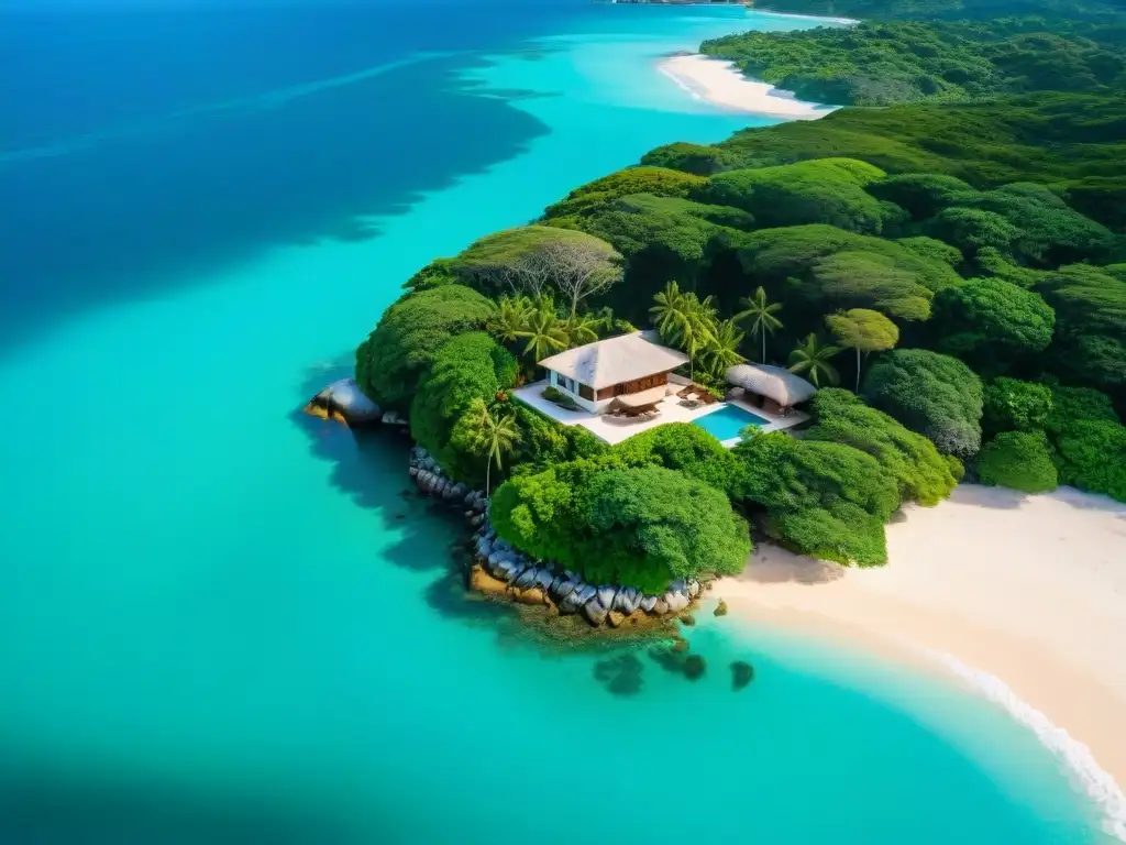 Paraíso costero: propiedad con vistas a aguas turquesas y playas de arena blanca Vista aérea impresionante de propiedad costera con aguas turquesas, playas blancas y exuberante vegetación