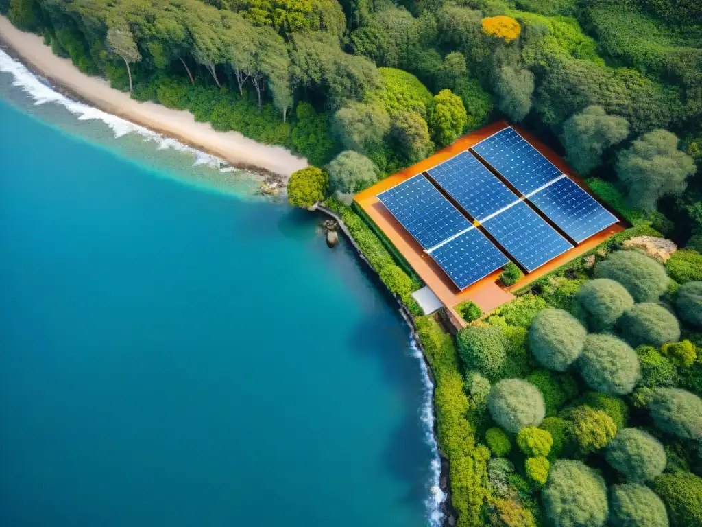 Desarrollo sostenible en costa: armonía natural y urbana Vista aérea impresionante de propiedad costera sostenible: solar, recolección de agua, naturaleza nativa, atractivo para políticas sostenibilidad costera