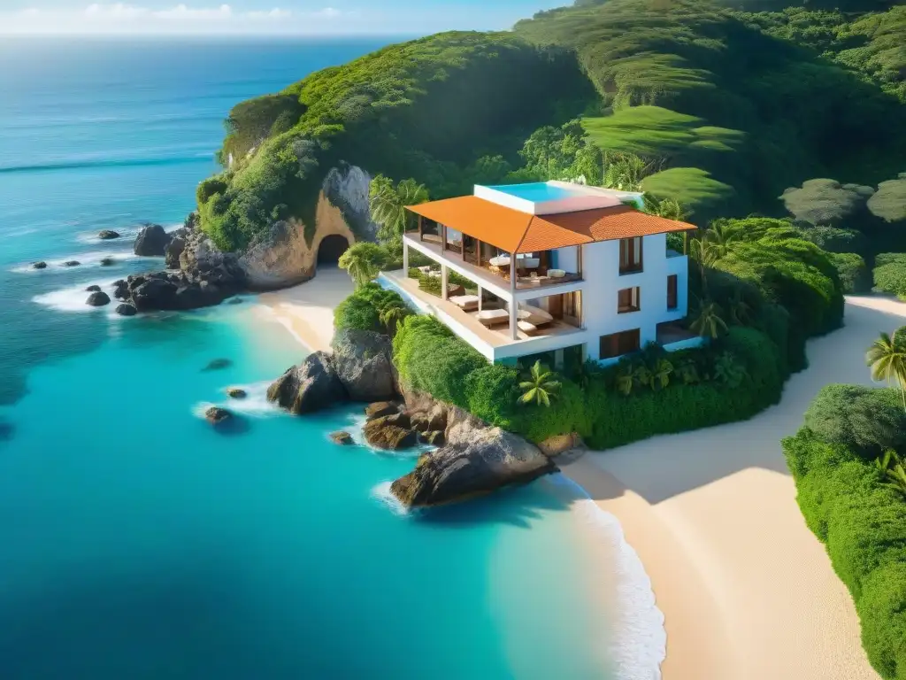 Villa de lujo frente al mar: exclusividad y serenidad costera Vista aérea impresionante de propiedad costera rodeada de vegetación exuberante y mar azul, reflejando exclusividad