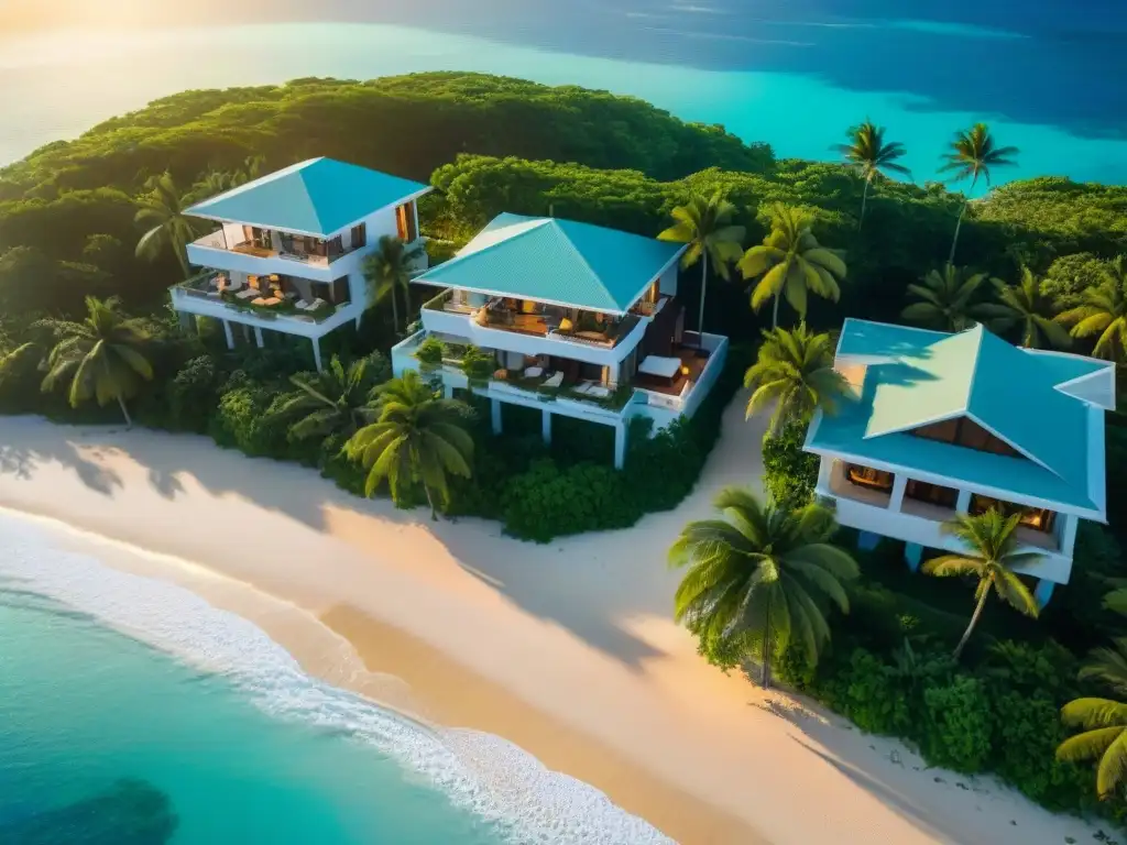 Paraíso costero al atardecer: hogar junto al mar Vista aérea impresionante de propiedad costera con aguas turquesas, playas de arena blanca y palmeras