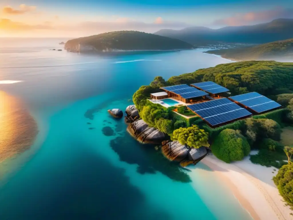 Propiedad costera eco-lujosa: lujo sostenible frente al mar Vista aérea impresionante de propiedad costera ecoamigable de lujo con paneles solares, jardín nativo y playa privada cristalina al atardecer