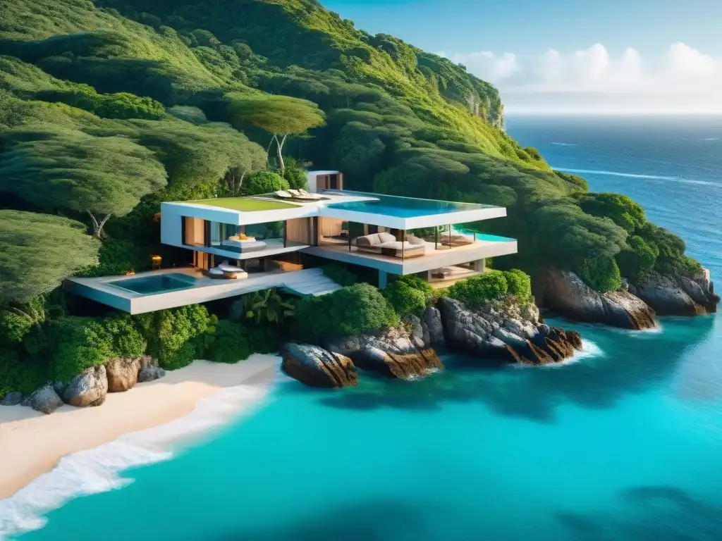 Residencia de lujo en acantilado con piscina infinita y vistas al mar Vista aérea impresionante de una propiedad costera de lujo en un acantilado frente al mar turquesa