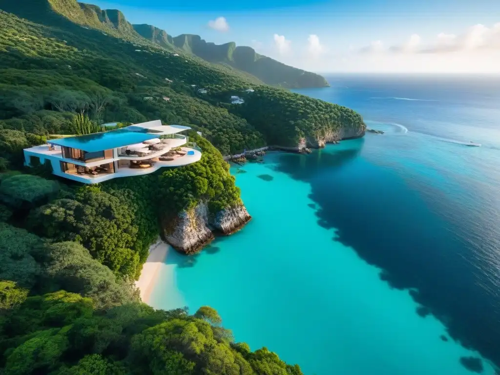 Villa de lujo en acantilado con vista al mar turquesa Vista aérea impresionante de una propiedad costera de lujo con arquitectura moderna y piscina infinita, rodeada de exuberante paisaje tropical