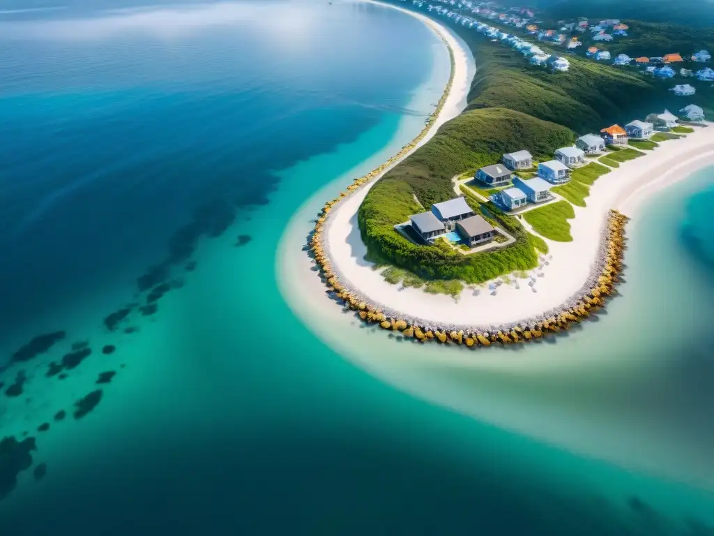 Propiedad costera resiliente: diseño innovador ante el cambio climático Una vista aérea impresionante de una propiedad costera con características innovadoras de adaptación al clima