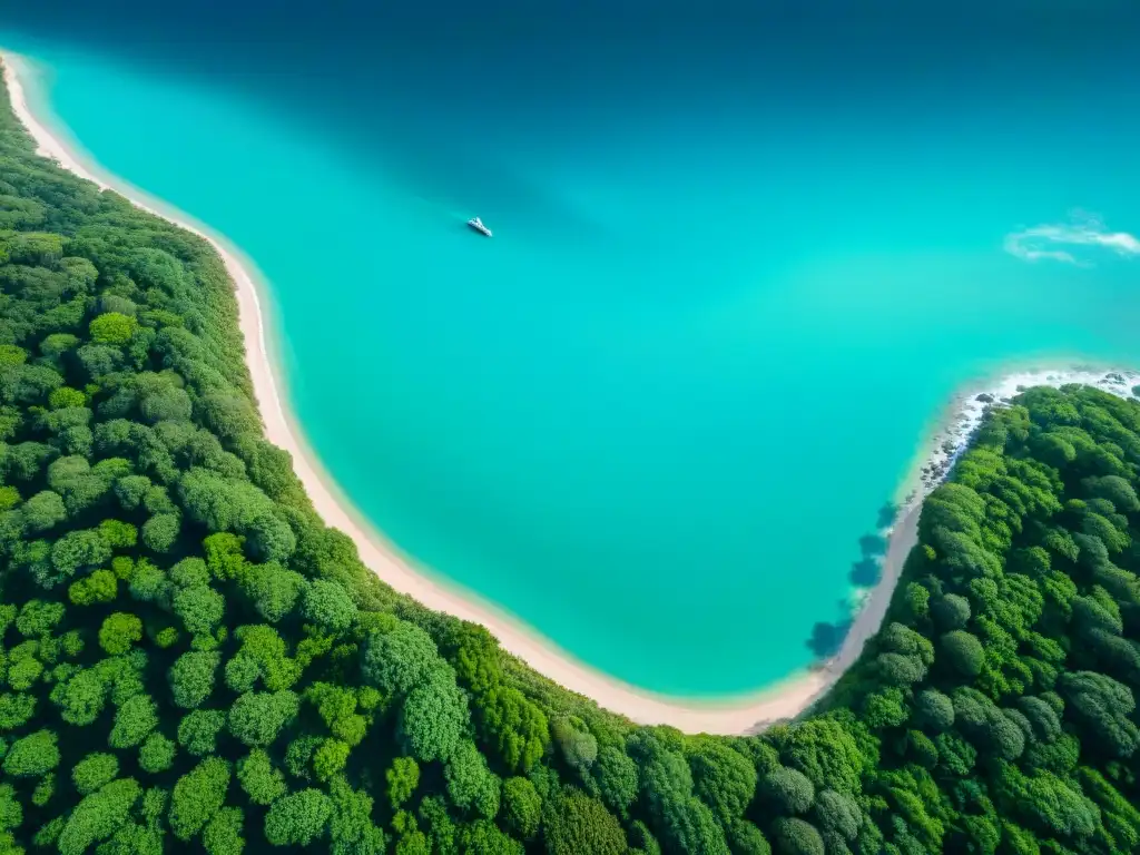 Vista aérea impresionante de una propiedad costera con aguas turquesas cristalinas, vegetación exuberante y playa de arena, resaltando la importancia de las leyes ambientales en propiedades costeras