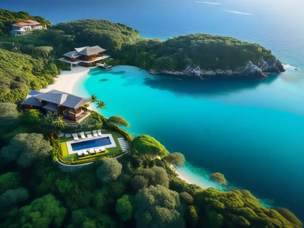 Villa ecofriendly de lujo en costa paradisíaca Vista aérea impresionante de propiedad costera de lujo sostenible rodeada de exuberante vegetación y aguas turquesa