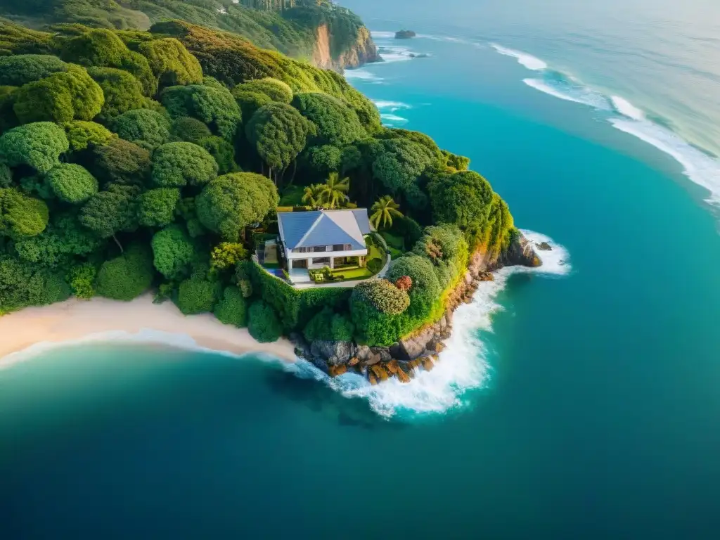 Casa costera: belleza y vulnerabilidad Vista aérea impresionante de propiedad costera, destacando belleza y vulnerabilidad