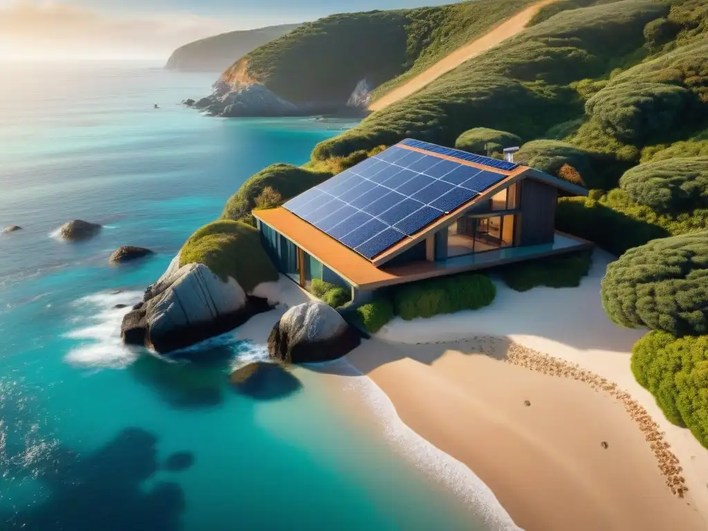 Propiedad costera moderna con paneles solares integrados Vista aérea impresionante de propiedad costera moderna con paneles solares integrados, capturando la esencia de la energía solar en la costa