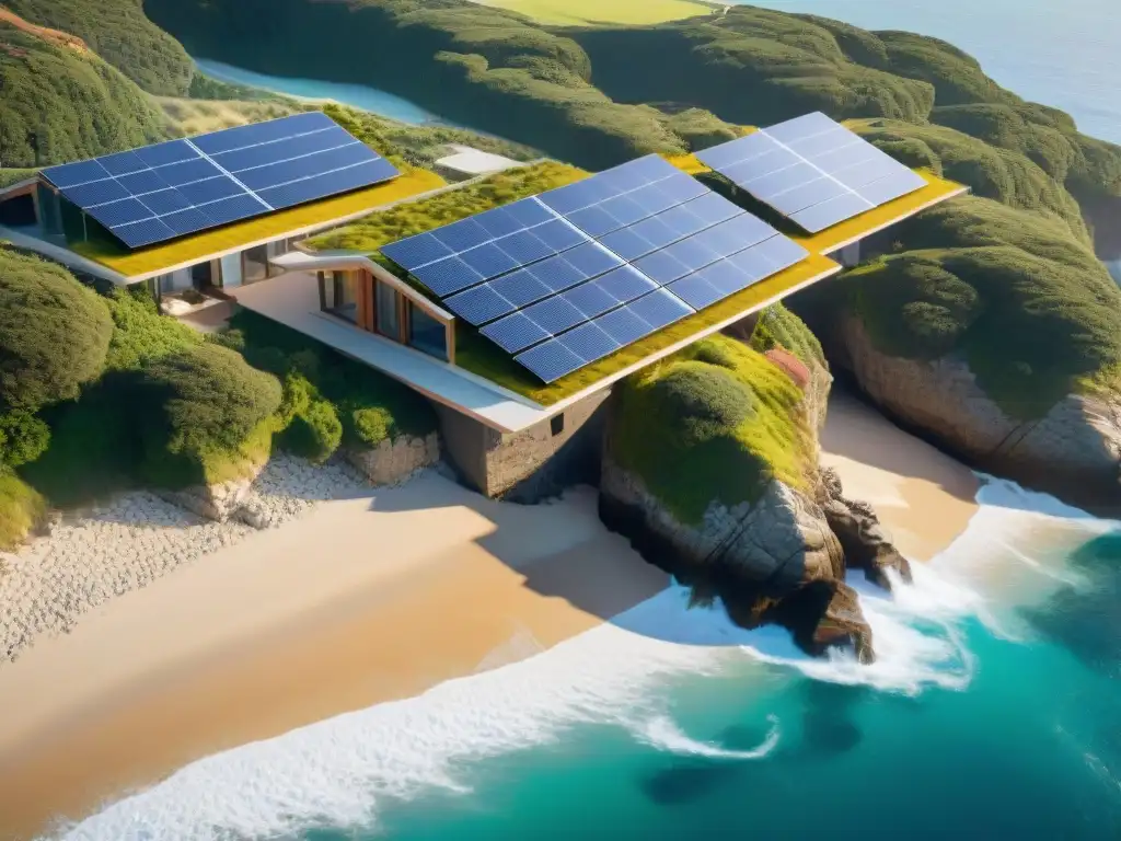 Energía solar en la costa: fusión sostenible con la naturaleza Vista aérea impresionante de propiedad costera con paneles solares, capturando la energía solar en la costa