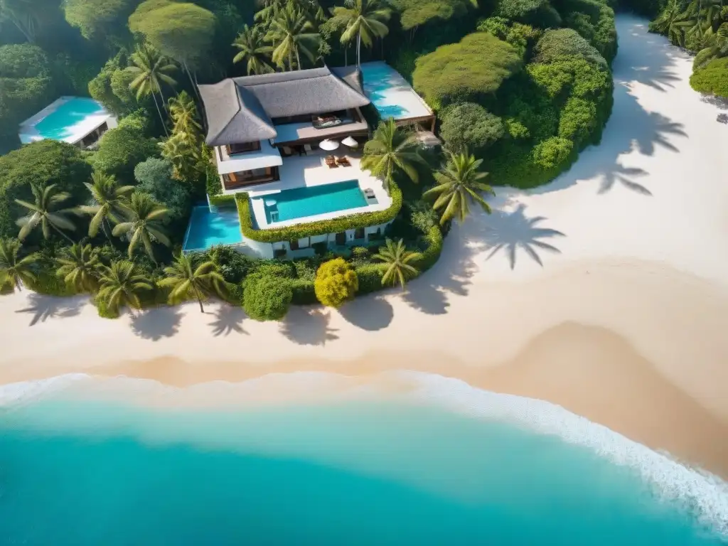 Villa de lujo frente al mar: oasis tropical con piscina infinita privada Vista aérea impresionante de una propiedad costera de lujo con piscina infinita privada y aguas turquesas