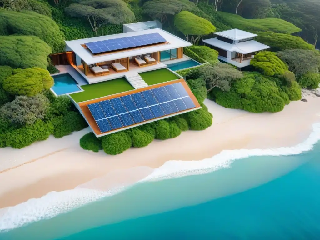 Propiedad costera moderna con tecnología sostenible y vistas impresionantes Vista aérea impresionante de una propiedad costera moderna con tecnología sostenible y entorno natural