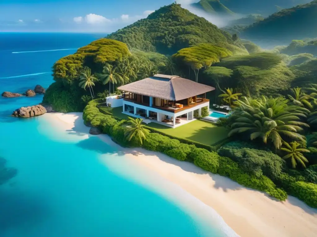 Exclusiva villa frente al mar en paraíso tropical Vista aérea de impresionante propiedad costera con aguas turquesas