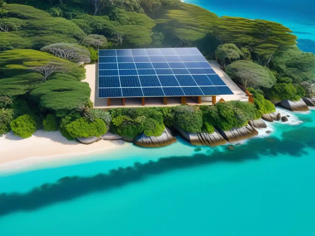 Propiedad costera sostenible: armonía natural y arquitectura eco Vista aérea impresionante de una propiedad costera con políticas sostenibilidad, atractivo natural