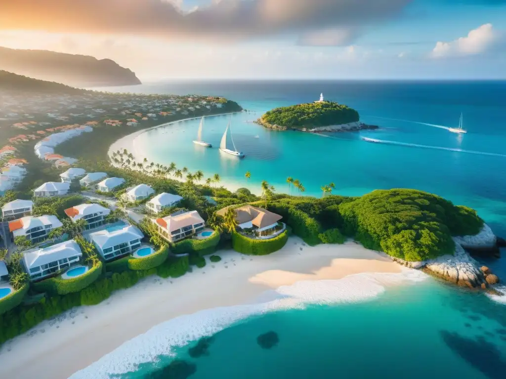 Paraísos costeros: villas, cabañas y apartamentos con vistas al mar Vista aérea impresionante de propiedades costeras para mudarse con playa, cabaña y edificio moderno frente al mar al atardecer