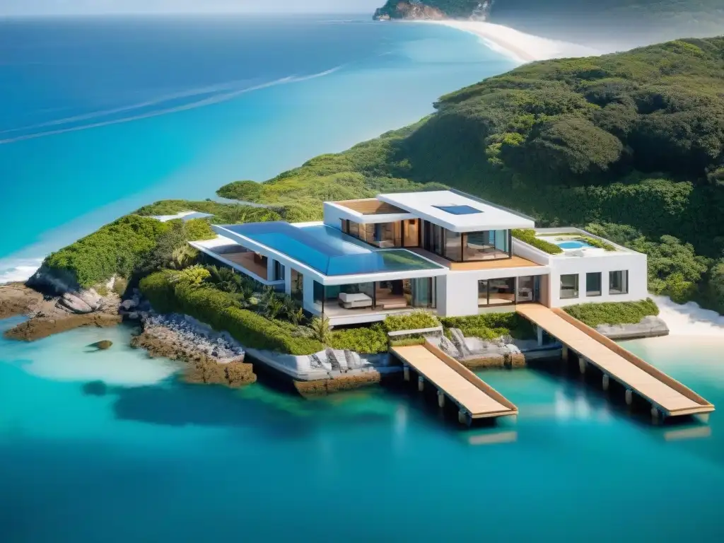 Proyecto costero sostenible: fusión futurista con el entorno natural Una vista aérea impresionante de un proyecto de construcción costera sostenible innovadora, fusionando diseño futurista con el paisaje natural