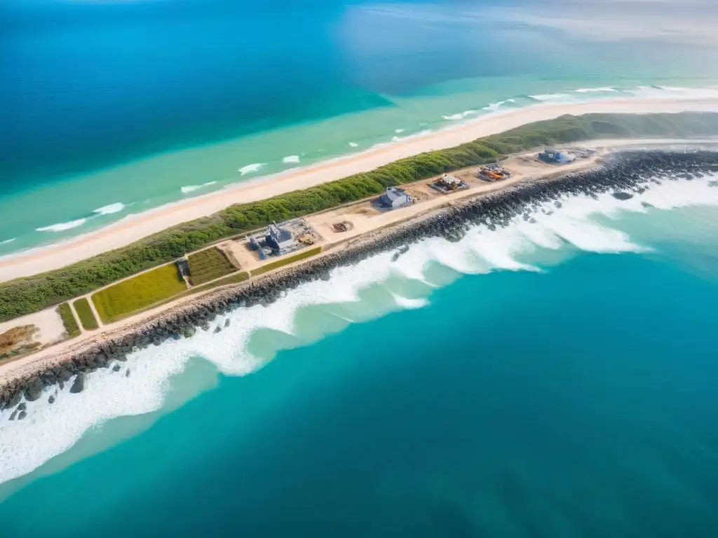 Vista aérea impresionante de un proyecto inmobiliario en la costa con equipos de construcción