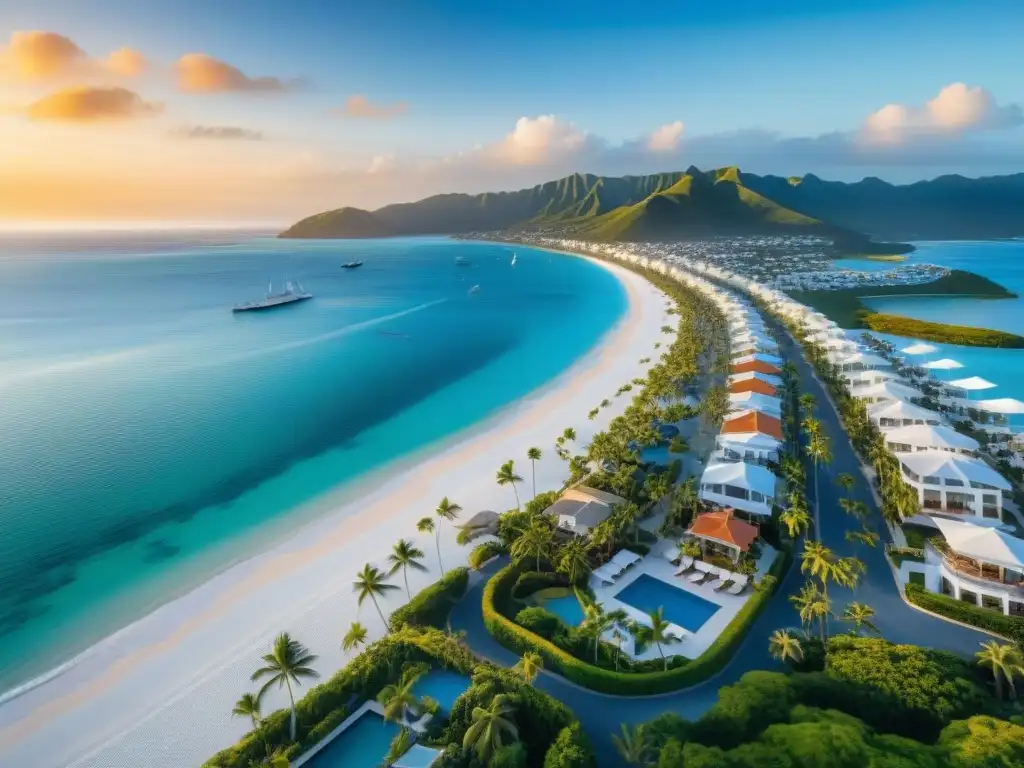 Costa de ensueño: propiedades exclusivas en un paraíso costero Vista aérea impresionante de un pueblo costero exclusivo con propiedades de lujo, yates en la marina y el mar azul