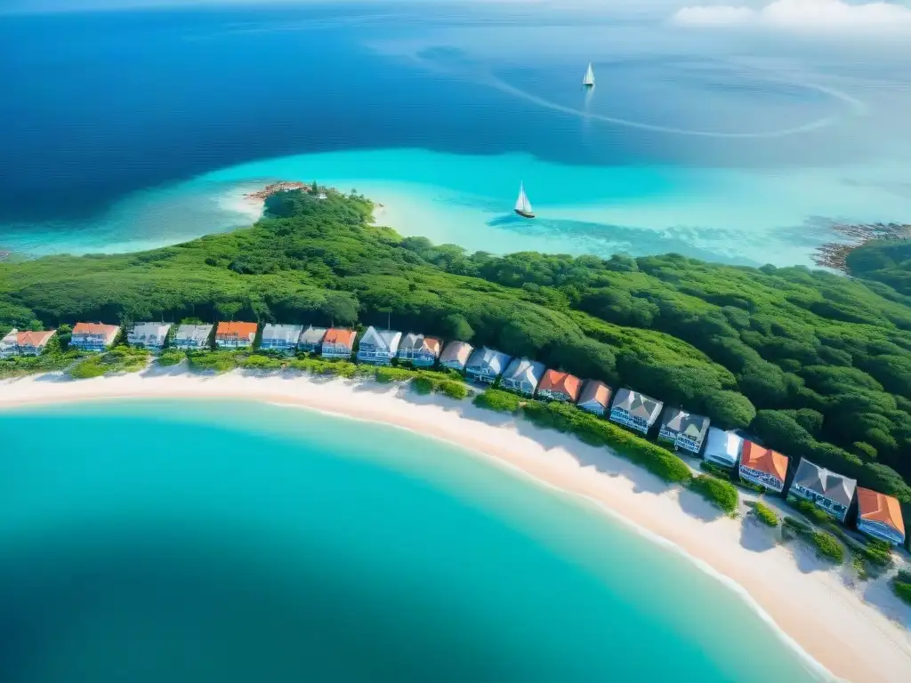 Costa paradisíaca: playas, aguas turquesas y propiedades elegantes Vista aérea impresionante de un pueblo costero con playas prístinas, aguas turquesas y propiedades frente al mar