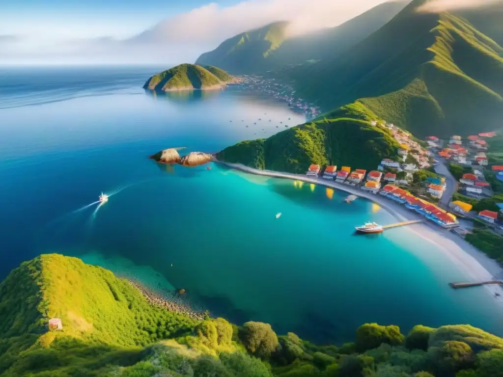 Vida costera: encanto entre montañas y mar Una vista aérea impresionante de un pueblo costero entre montañas verdes y el océano, con casas coloridas, un puerto bullicioso y la vida diaria de la comunidad costera