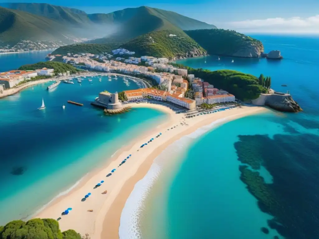 Costa tropical: vibrante ciudad costera con encanto Vista aérea impresionante de un pueblo costero con aguas azules, un puerto bullicioso y una playa de palmeras, ideal para un Retiro en la costa vida
