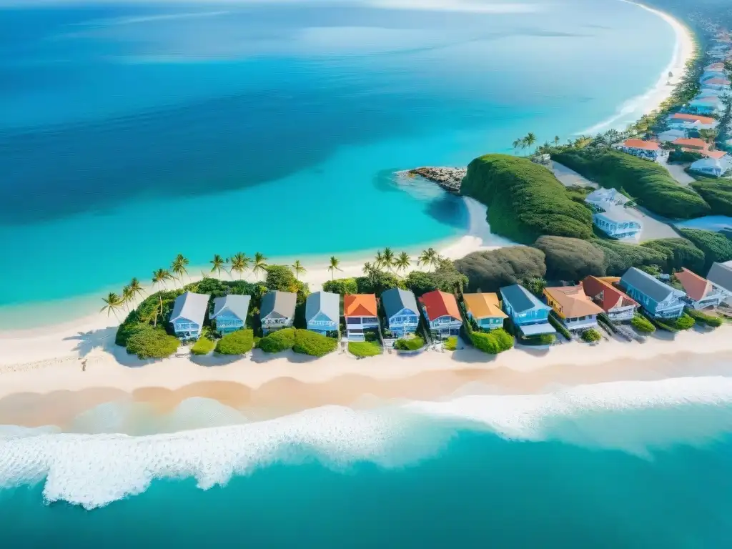 Vista aérea cautivadora de pueblo costero con casas coloridas frente al mar Vista aérea impresionante de un pueblo costero con casas coloridas frente al mar, olas suaves y palmeras