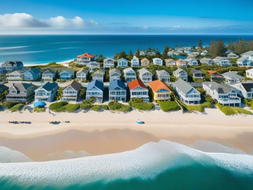 Vista aérea de un pueblo costero: arquitectura diversa y ambiente sereno Vista aérea impresionante de un pueblo costero, con propiedades frente al mar y gente disfrutando