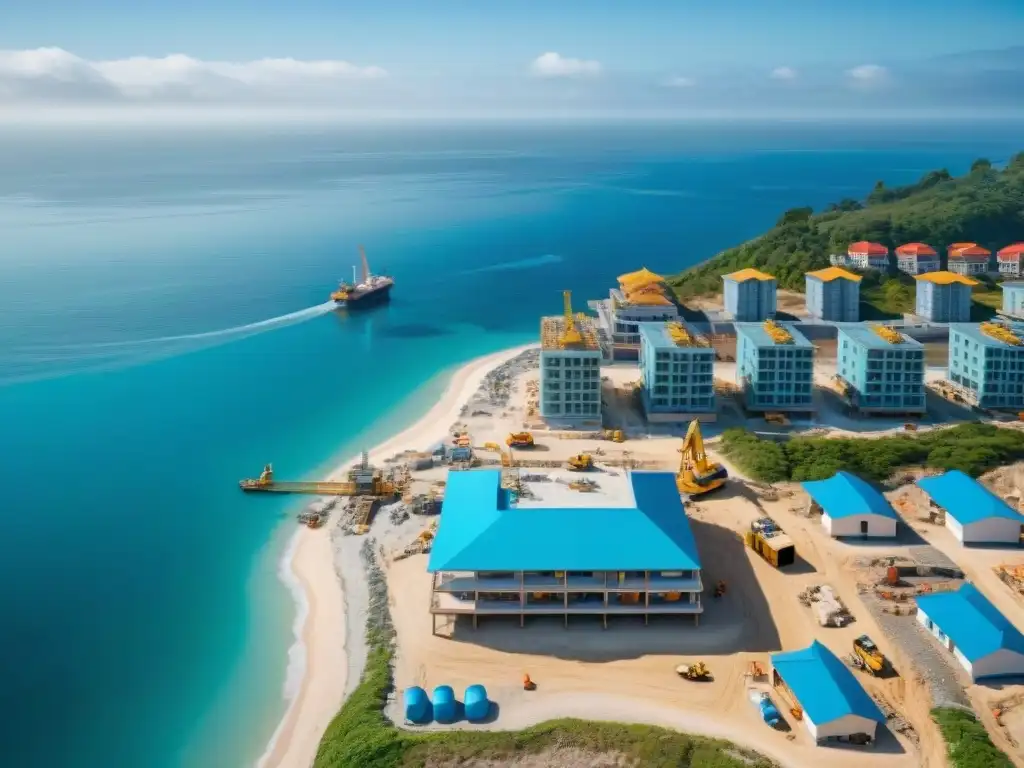 Construcción de pueblo costero: modernidad y tradición junto al mar Vista aérea impresionante de un pueblo costero en construcción, con elementos tradicionales y modernos