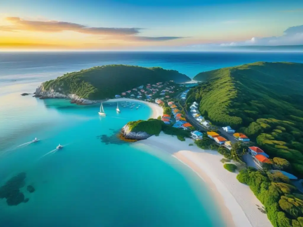 Paraíso costero: atardecer dorado en pueblo turquesa Vista aérea impresionante de un pueblo costero con aguas turquesas cristalinas y playas doradas
