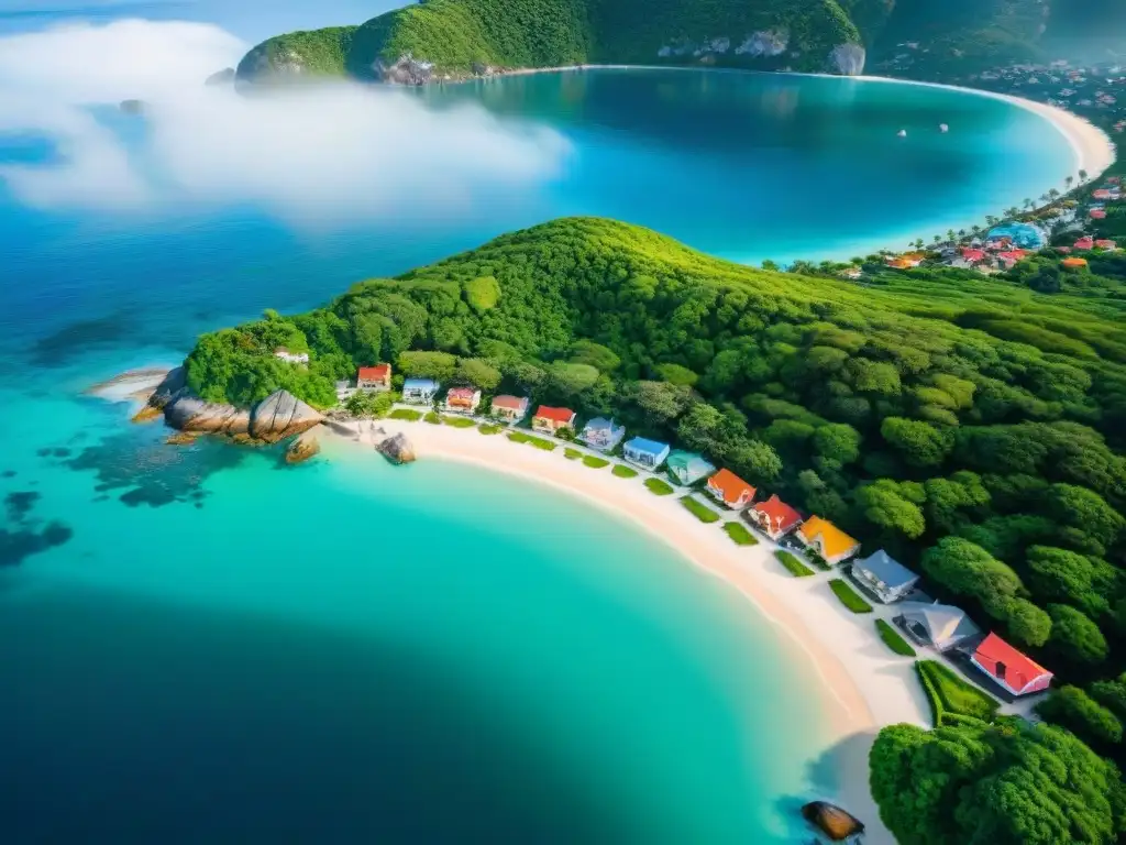 Escenario paradisíaco: vista aérea de pueblo costero con casas coloridas y playa cristalina Vista aérea impresionante de un pueblo costero con casas coloridas, playa cristalina y vegetación exuberante