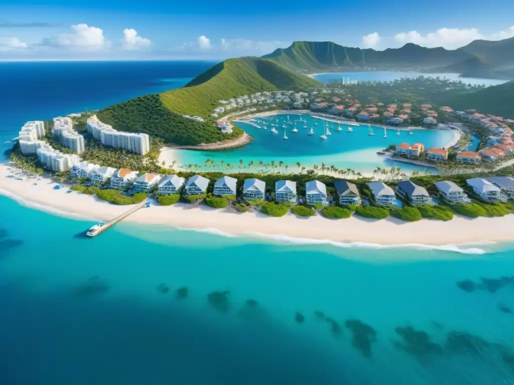 Costa lujosa: mercado inmobiliario en auge Vista aérea impresionante de un pueblo costero con mercado inmobiliario activo y propiedades lujosas frente al mar