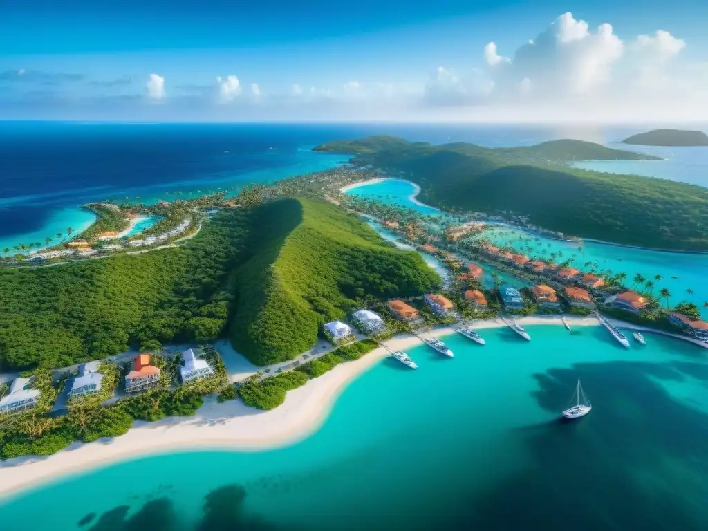 Paraíso costero: Playas de ensueño y aguas turquesas Vista aérea impresionante de un pueblo costero con aguas turquesas, playas de arena blanca y edificios coloridos