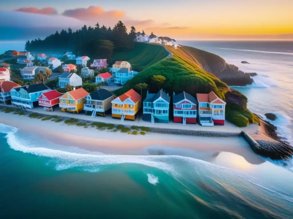 Espléndido atardecer en villa costera: casas coloridas y mar sereno Vista aérea impresionante de un pueblo costero pintoresco con casas coloridas junto al mar al atardecer