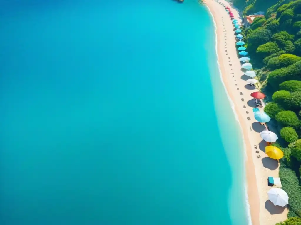 Vista aérea impresionante de un pueblo costero vibrante Vista aérea impresionante de un pueblo costero pintoresco con una playa vibrante, aguas turquesas y un bullicioso paseo marítimo