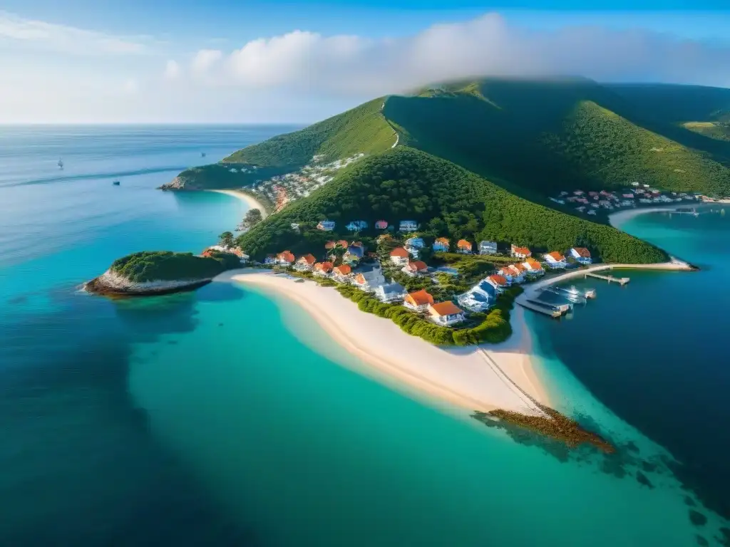 Encanto costero: pueblo pintoresco y playas doradas Vista aérea impresionante de un pueblo costero con propiedades coloridas frente al mar