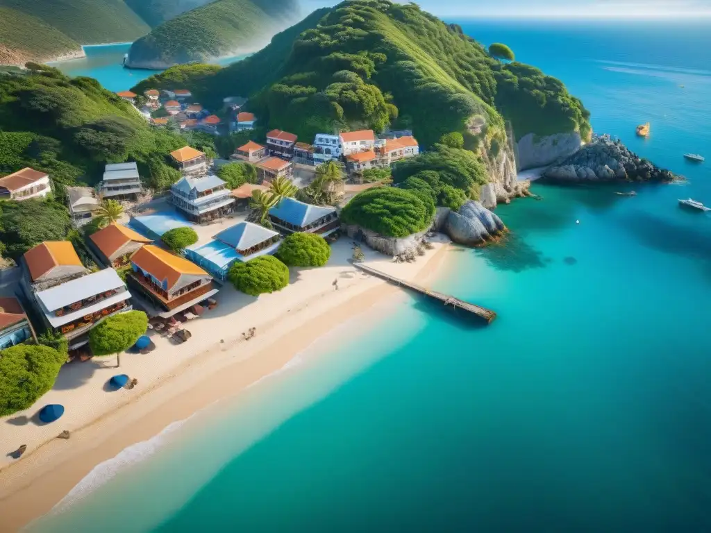 Costa paradisíaca: armonía entre tradición y modernidad Vista aérea impresionante de un pueblo costero entre aguas azules y exuberante vegetación, reflejando la vida costera y las mejores propiedades costeras búsqueda local