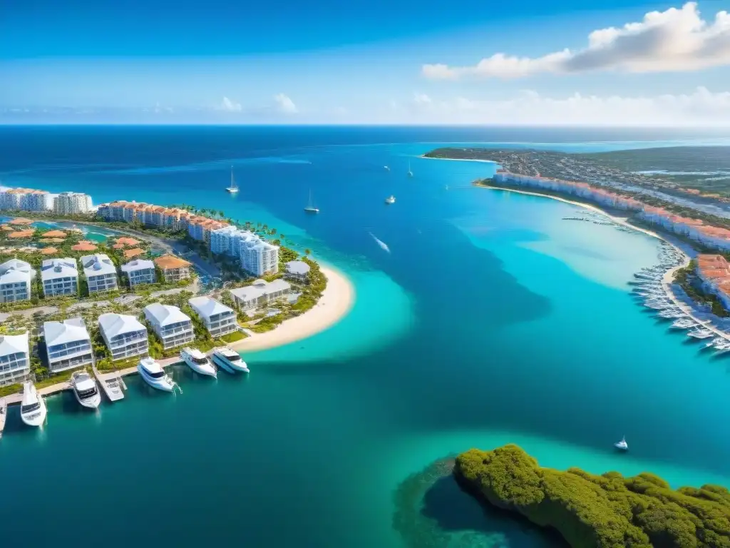 Paraíso costero de lujo: inversión inigualable Vista aérea impresionante de un pueblo costero con propiedades costeras, revalorización e inversión