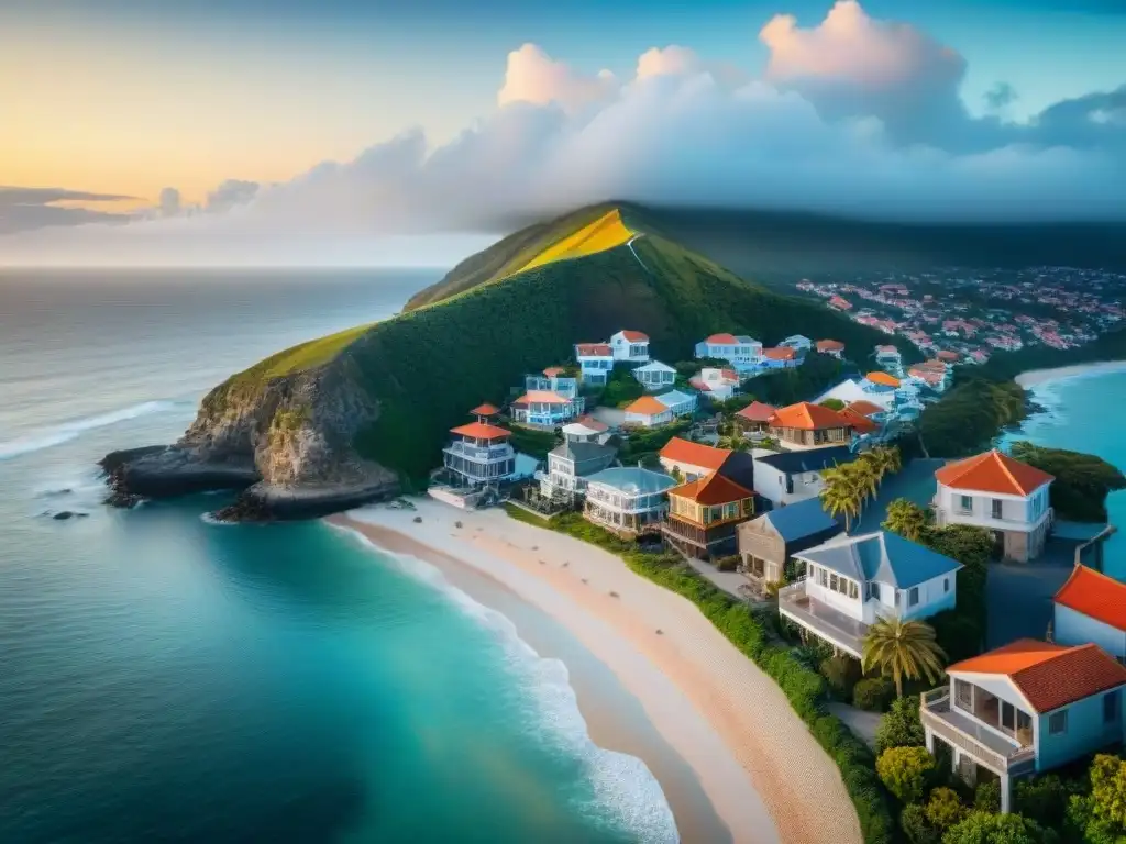 Vista aérea impresionante de un pueblo costero con casas tradicionales y modernas, destacando la normativa de construcción en propiedades costeras