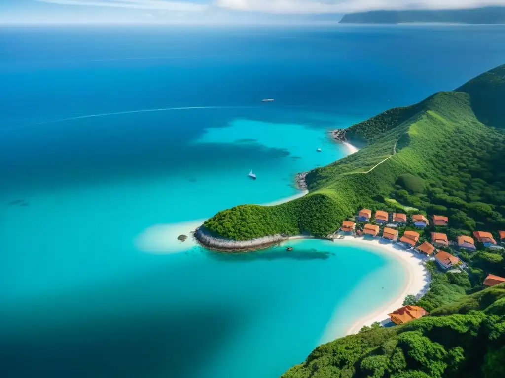 Paraíso costero: serenidad entre montañas y el mar turquesa Vista aérea impresionante de un pueblo costero entre montañas verdes y el mar turquesa