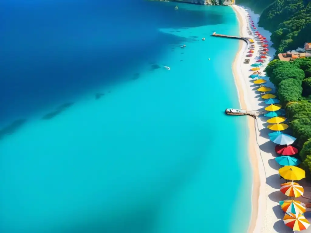 Encanto costero: playa vibrante y turismo transformador Vista aérea impresionante de un pueblo costero con playa vibrante y aguas turquesas, destacando el impacto de plataformas de alquiler turismo costero