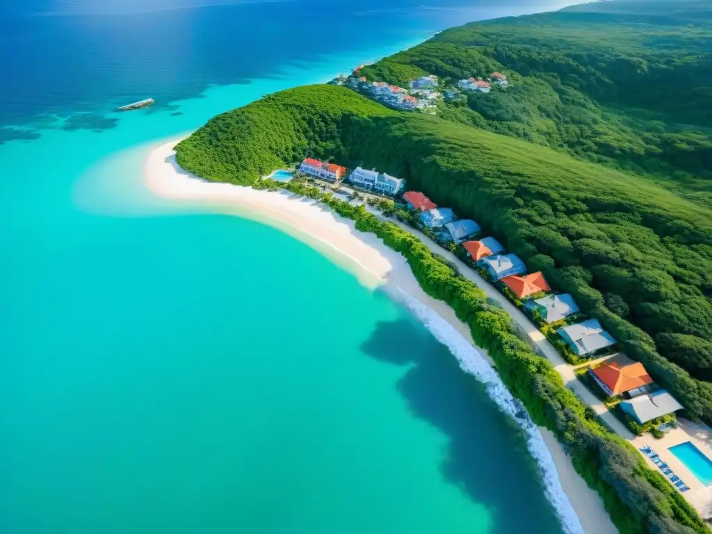 Pueblo costero: belleza y vulnerabilidad en la costa Vista aérea impresionante de un pueblo costero con propiedades coloridas, aguas turquesas y exuberante vegetación