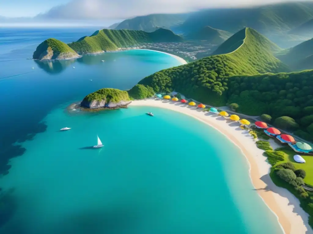 Paraíso costero: Playa de arena blanca y aguas turquesa Vista aérea impresionante de un pueblo costero con playa de arena, aguas turquesas y alquiler turismo costero