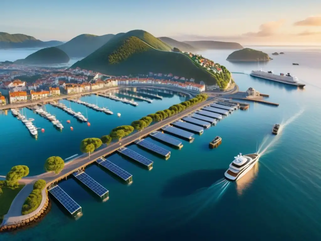 Vista aérea de ciudad costera inteligente al amanecer Una vista aérea impresionante de un pueblo costero moderno al amanecer, destacando sistemas inteligentes que gestionan tráfico, residuos y energía
